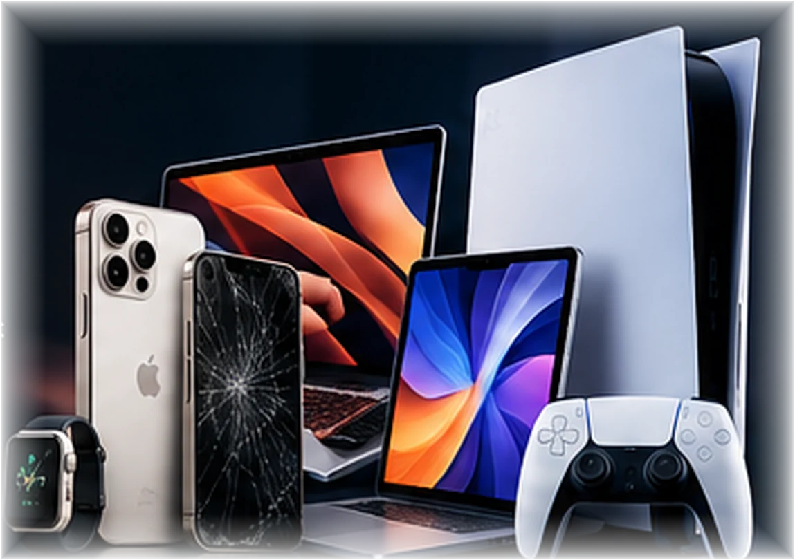 Illustration of phones, laptops and a PlayStation 5 in Instaphonefix colours